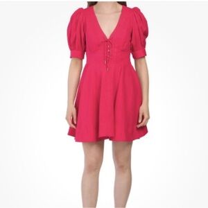 House of Harlow 1960 Linen Blend Puff Sleeve Corset Mini Dress-Fuchsia-4-Peasant
